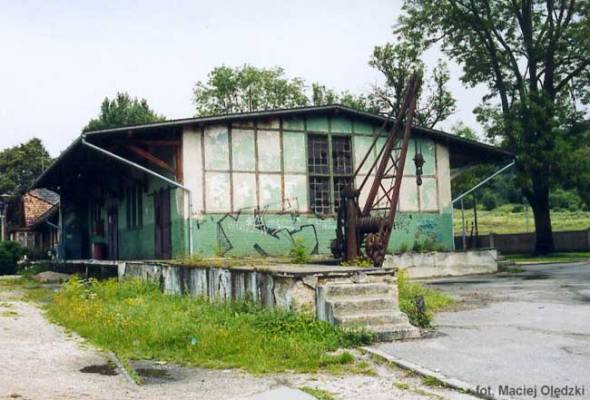fot. Maciej Olędzki 
Magazyn towarowy i żuraw ładunkowy. Widok od strony początku linii. W tle budynek dworca. Obraz