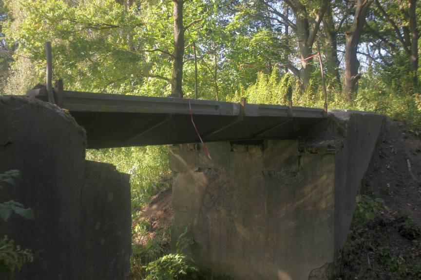 fot. octanq 
Most na dawnej linii wąskotorowej, zastępujący stary most widoczny na zdjęciu z 2013-11-02, widoczny rozstaw podpór fundamentowych odpowiedni do rozstawu szyn; Obraz