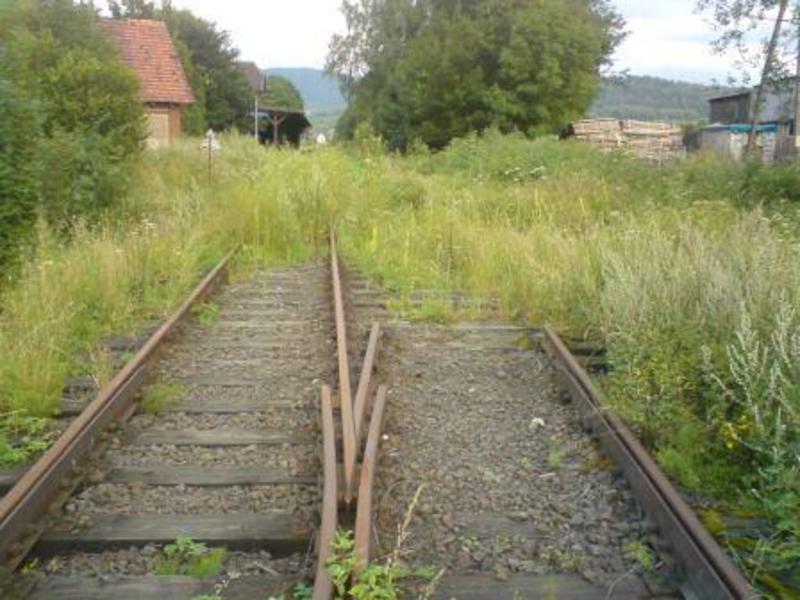 fot. Dominik Miedzianowski 
Rozebrany tor mijankowy na dawnej stacji Lądek-Zdrój. W tle, po lewej budynek dworca i zadaszony peron 1. Wjazd od strony Kłodzka. Obraz