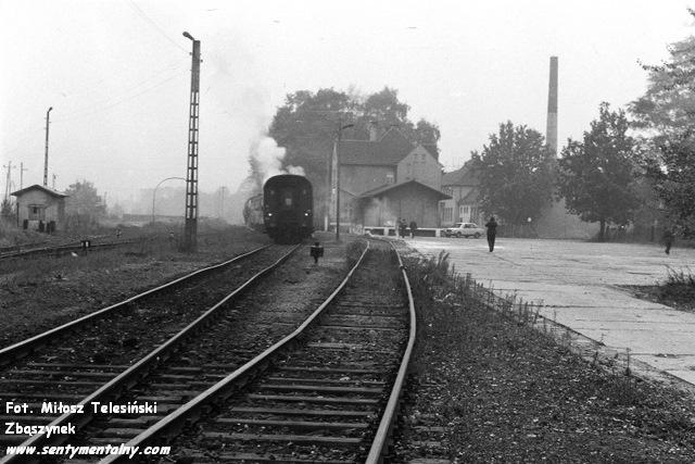 fot. Miłosz Telesiński - Zbąszynek 
Stacja w Dobrodzieniu. Pociąg osobowy do Fosowskich 17.10.1987. Obraz