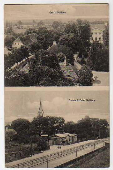fot. nieznany 
Dworzec w Nietkowie na starej pocztówce. Widok w kierunku wschodnim (Czerwieńsk). Obraz