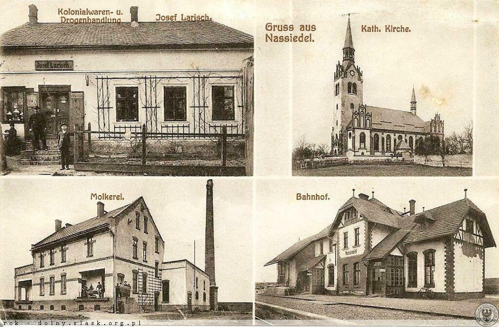 fot. nieznany 
Sklep Josefa Larischa, kościół św. Jakuba, mleczarnia i dworzec kolejowy. Widok od strony peronu; w prawo Baborów, w lewo Pilszcz. Obraz
