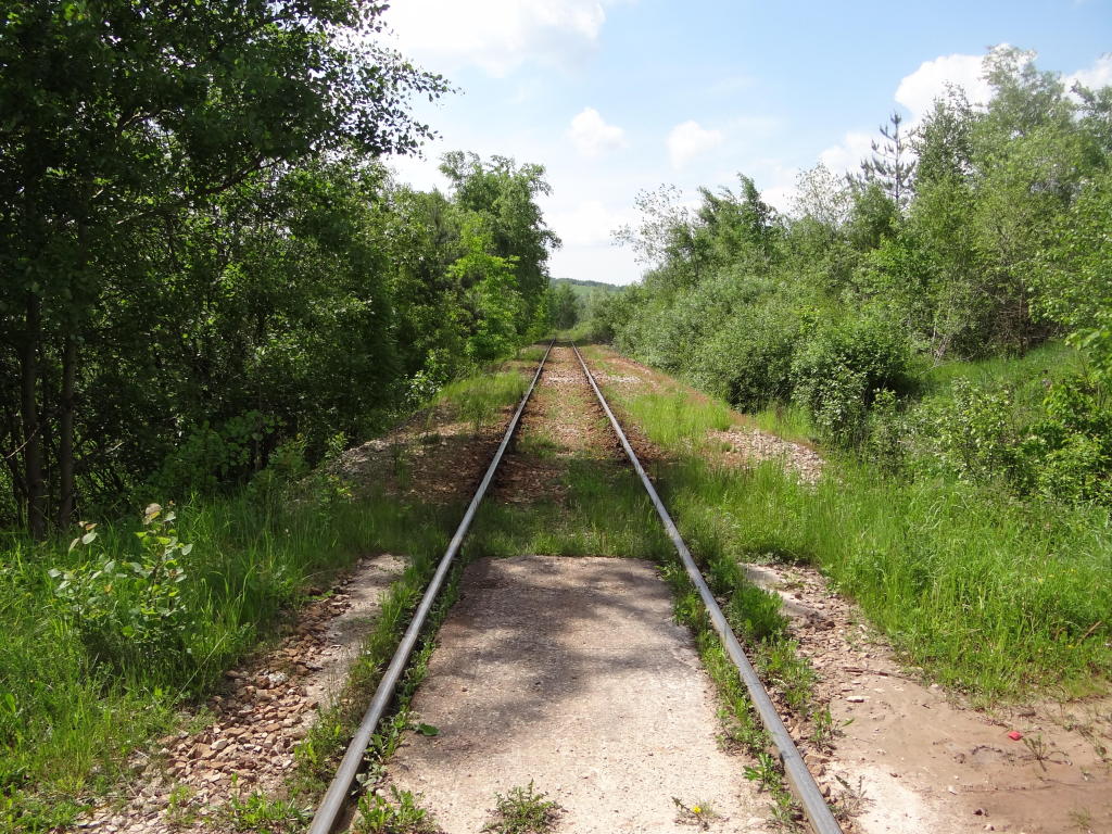 fot. Przemysław Więcek 
Przejazd drogowy w Zagórzu. Tor wznosi się z poziomu 330 m n.p.m. na stacji Łączna do 370 m n.p.m. w Kamieniołomie Bukowa Góra. Widok w kierunku stacji Łączna. 2,3 km. Obraz